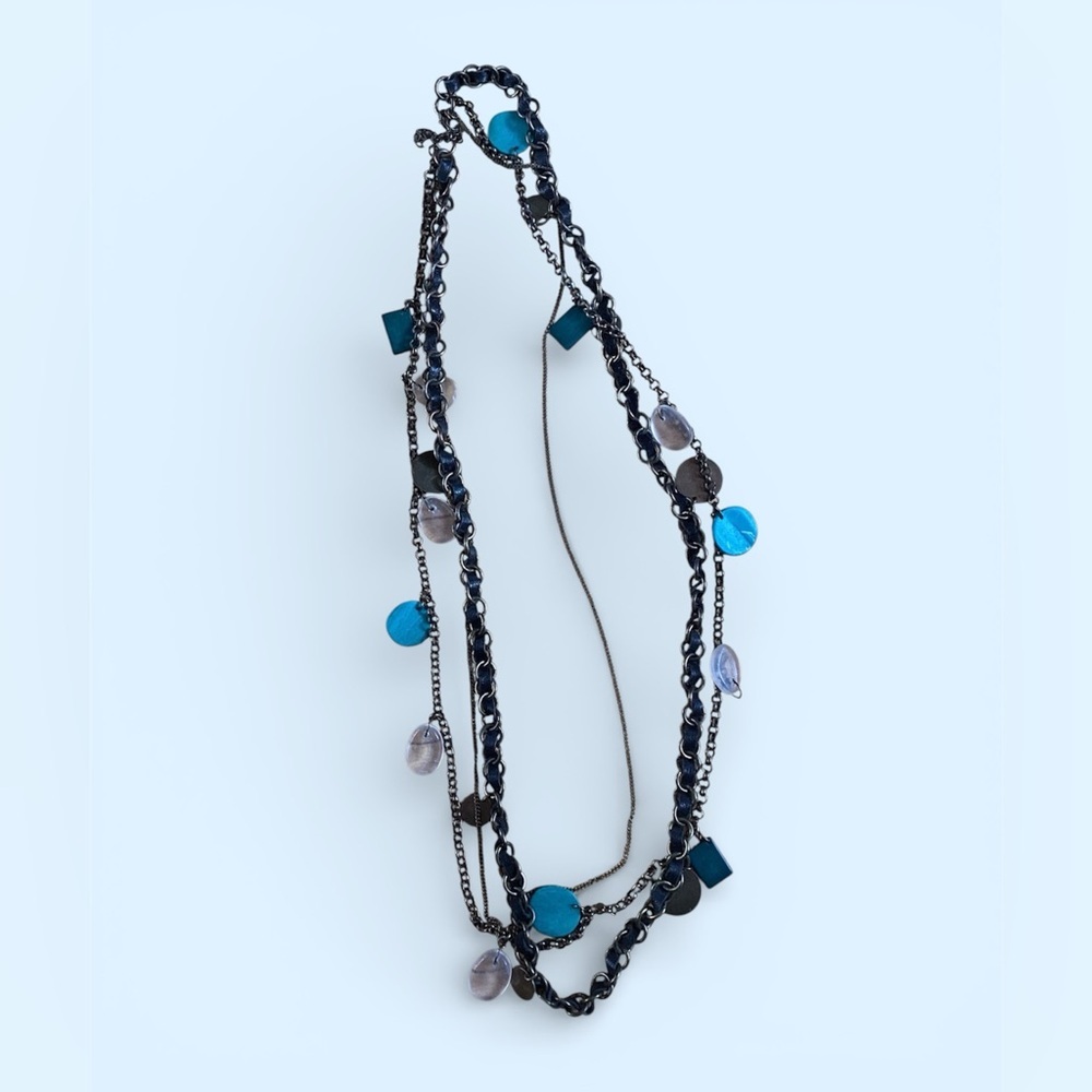 Cassis, Multi-strand necklace, leather and metal, turquoise embellishments